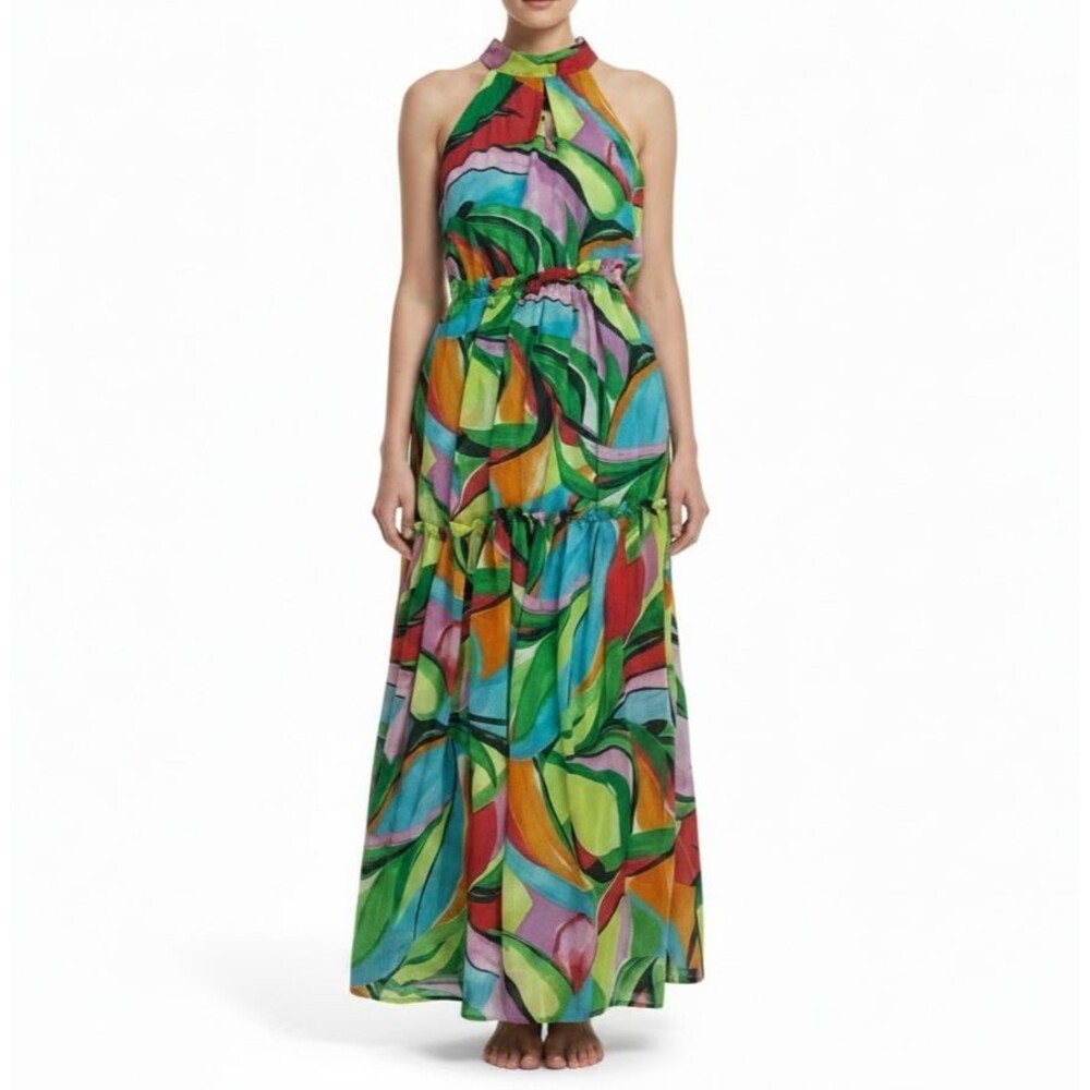 NEW Nicole Miller Tropical Abstract Halter Tiered Chiffon Maxi Dress Small